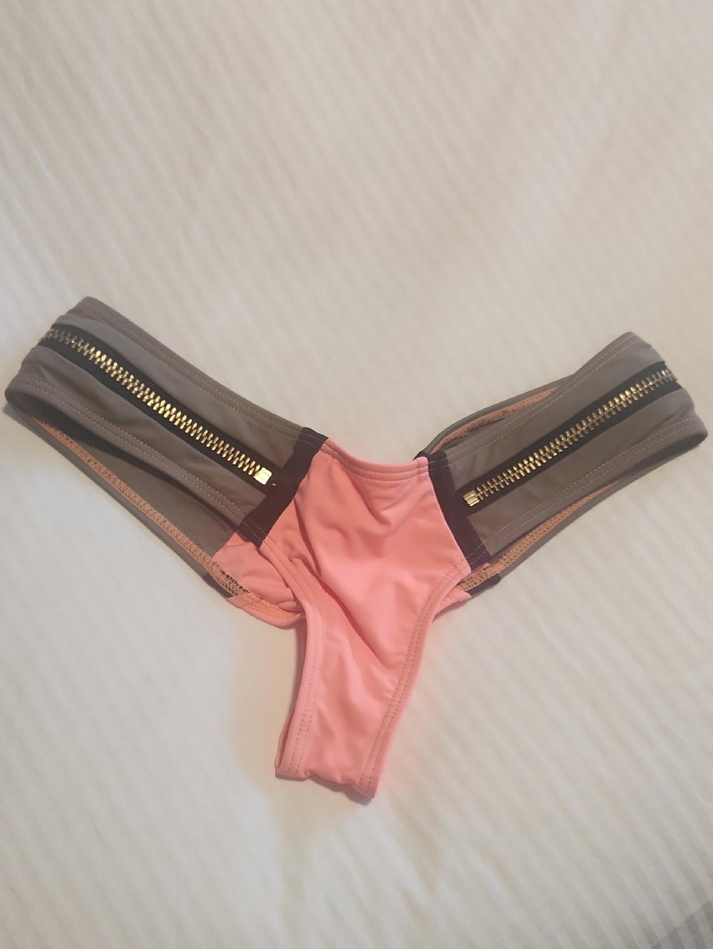 Beach Bunny Pink and Gray Bikini Bottoms with Gold Zip Detail